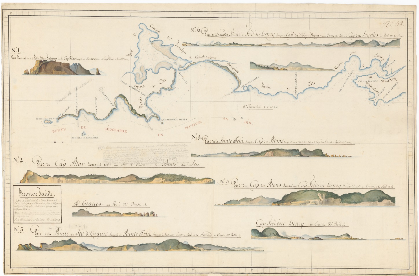 Tracé en couleurs bleu, marron et vert de la côté de la baie de Frederik Henry, en Tasmanie, et de son relief.
