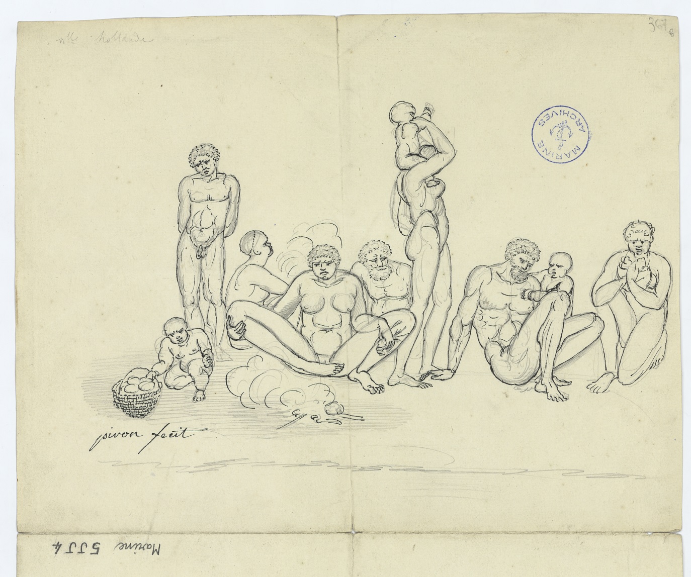 Hubert Piron dessine la population autochtone dans son quotidien. Ici, un dessin à la mine de plomb et encre de Chine représentant des Aborigènes de Tasmanie au cours de leur repas.