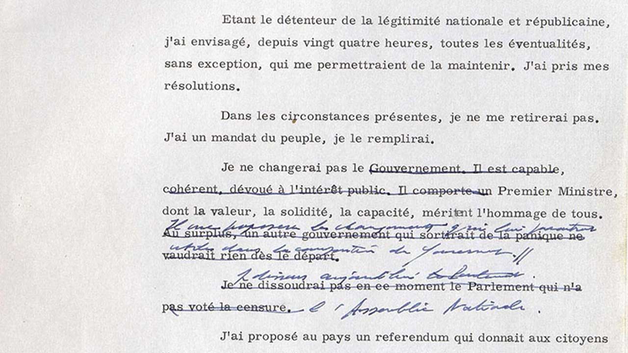 Discours dactylographié et annoté de la main de Charles de Gaullle.