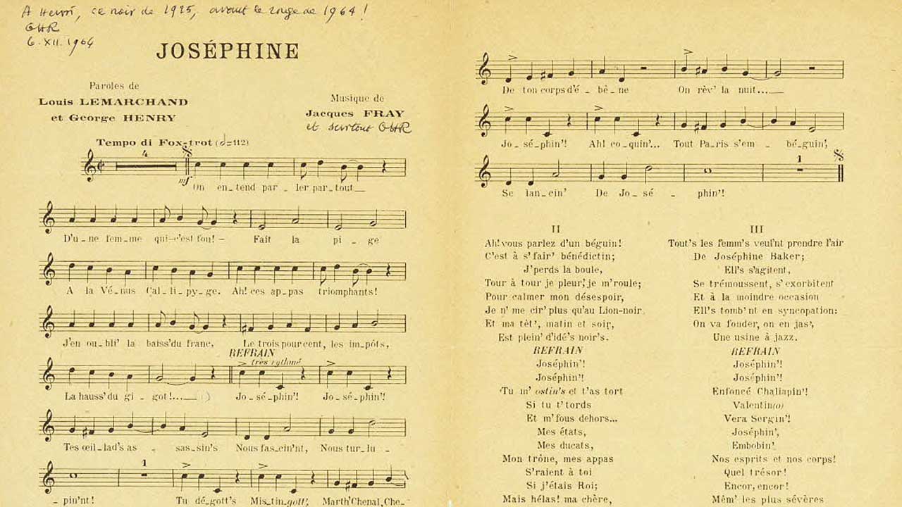 Partition sur papier jauni, avec les paroles en fin du dcoument..