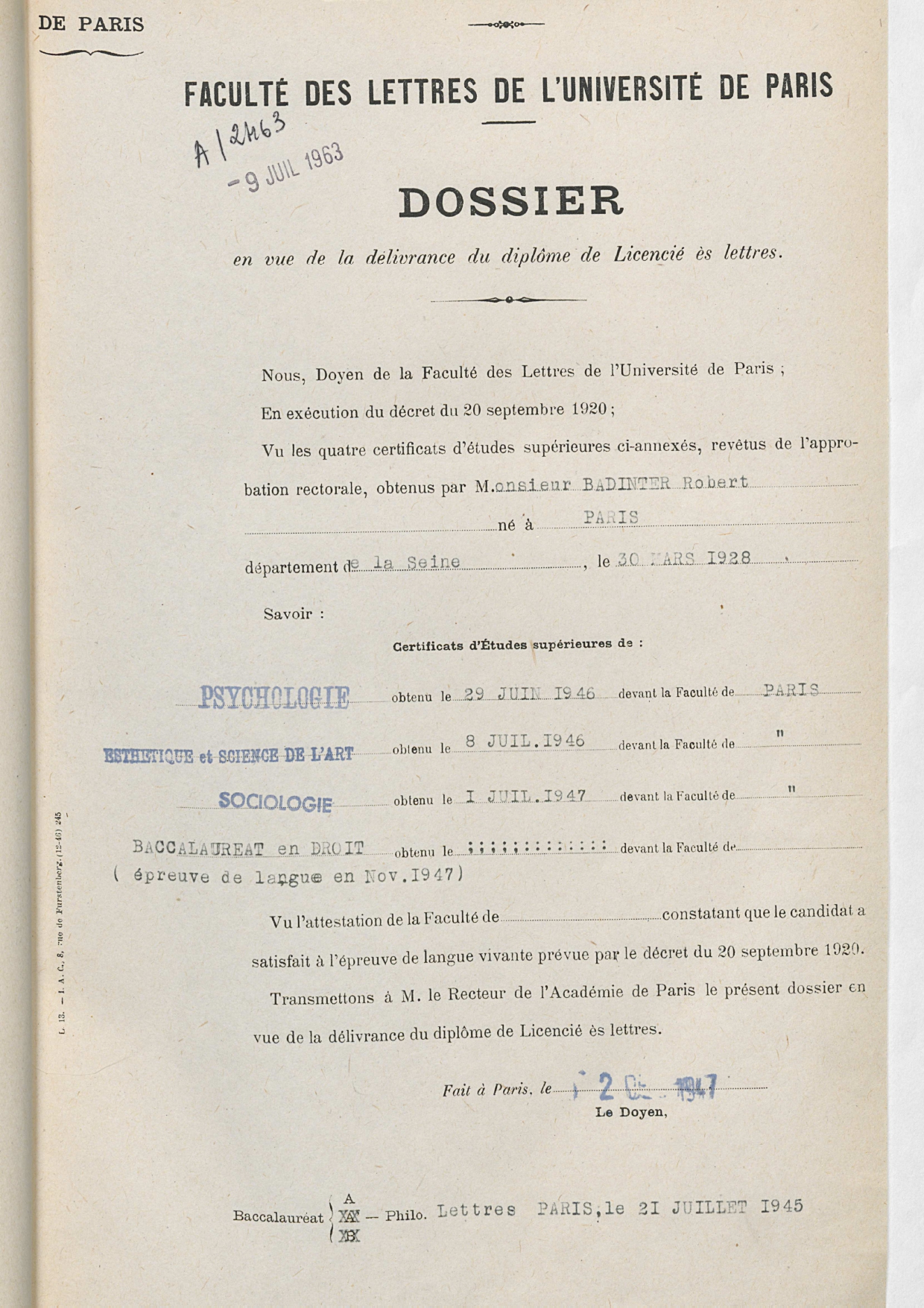 Procès-verbal individuel de licence de lettres de Robert Badinter, de la faculté des lettres de Paris, 1947. Archives nationales, 19910563/1215