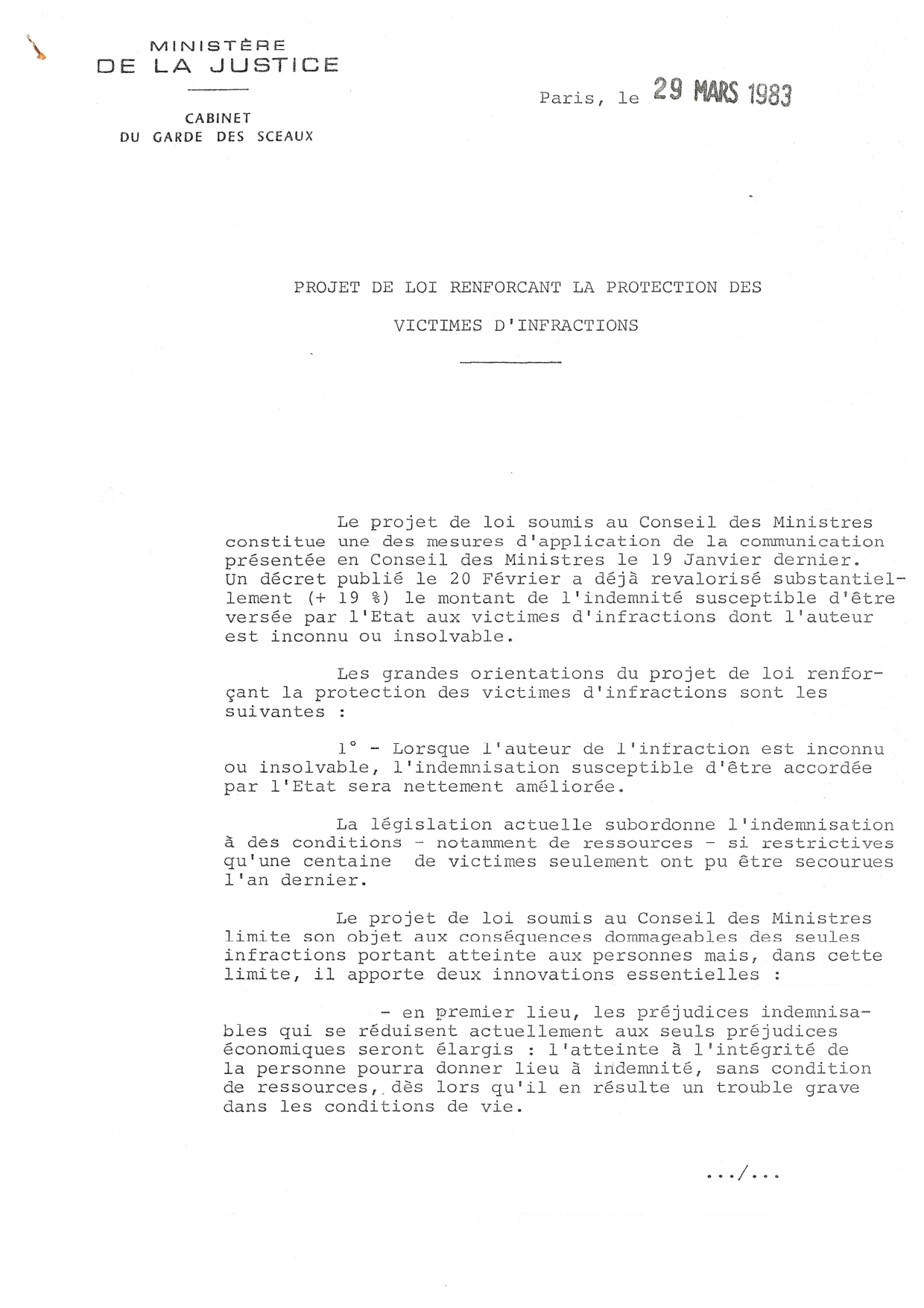 Exposé des motifs du projet de loi renforçant la protection des victimes d’infractions, 29 mars 1983. Archives nationales, 20000214/3.
