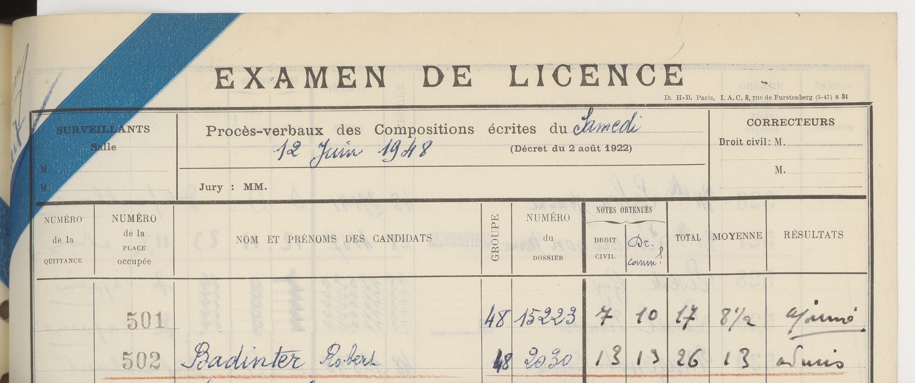 Procès-verbaux de présentation aux examens de licence de droit de Robert Badinter, de la faculté de droit de Paris (épreuves écrites et orales), 1948. Archives nationales, 200100351/21.