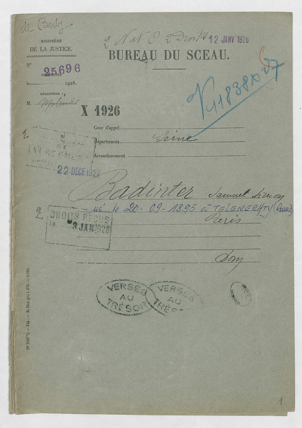 Extraits du dossier de naturalisation de Samuel et Chifra Badinter, parents de Robert Badinter (1926-1927), Archives nationales, BB/11/9652, dossier 25696 X 1926