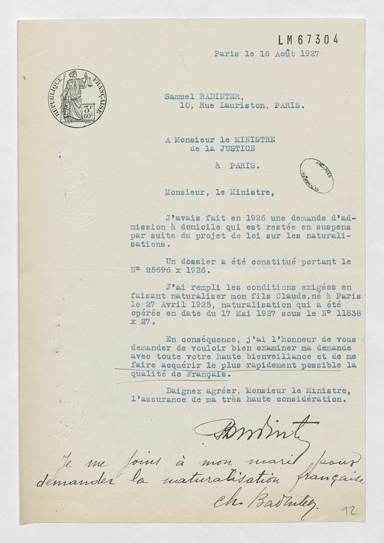 Extraits du dossier de naturalisation de Samuel et Chifra Badinter, parents de Robert Badinter (1926-1927), Archives nationales, BB/11/9652, dossier 25696 X 1926