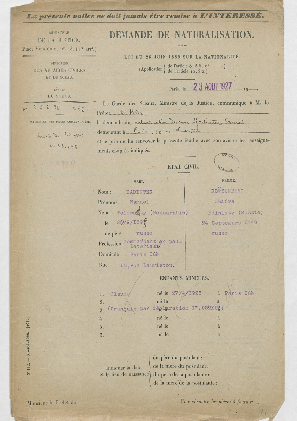 Extraits du dossier de naturalisation de Samuel et Chifra Badinter, parents de Robert Badinter (1926-1927), Archives nationales, BB/11/9652, dossier 25696 X 1926