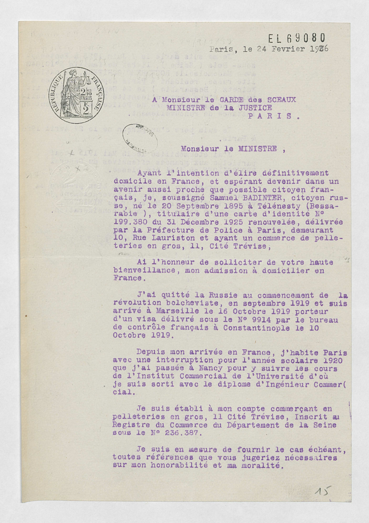 Extraits du dossier de naturalisation de Samuel et Chifra Badinter, parents de Robert Badinter (1926-1927), Archives nationales, BB/11/9652, dossier 25696 X 1926