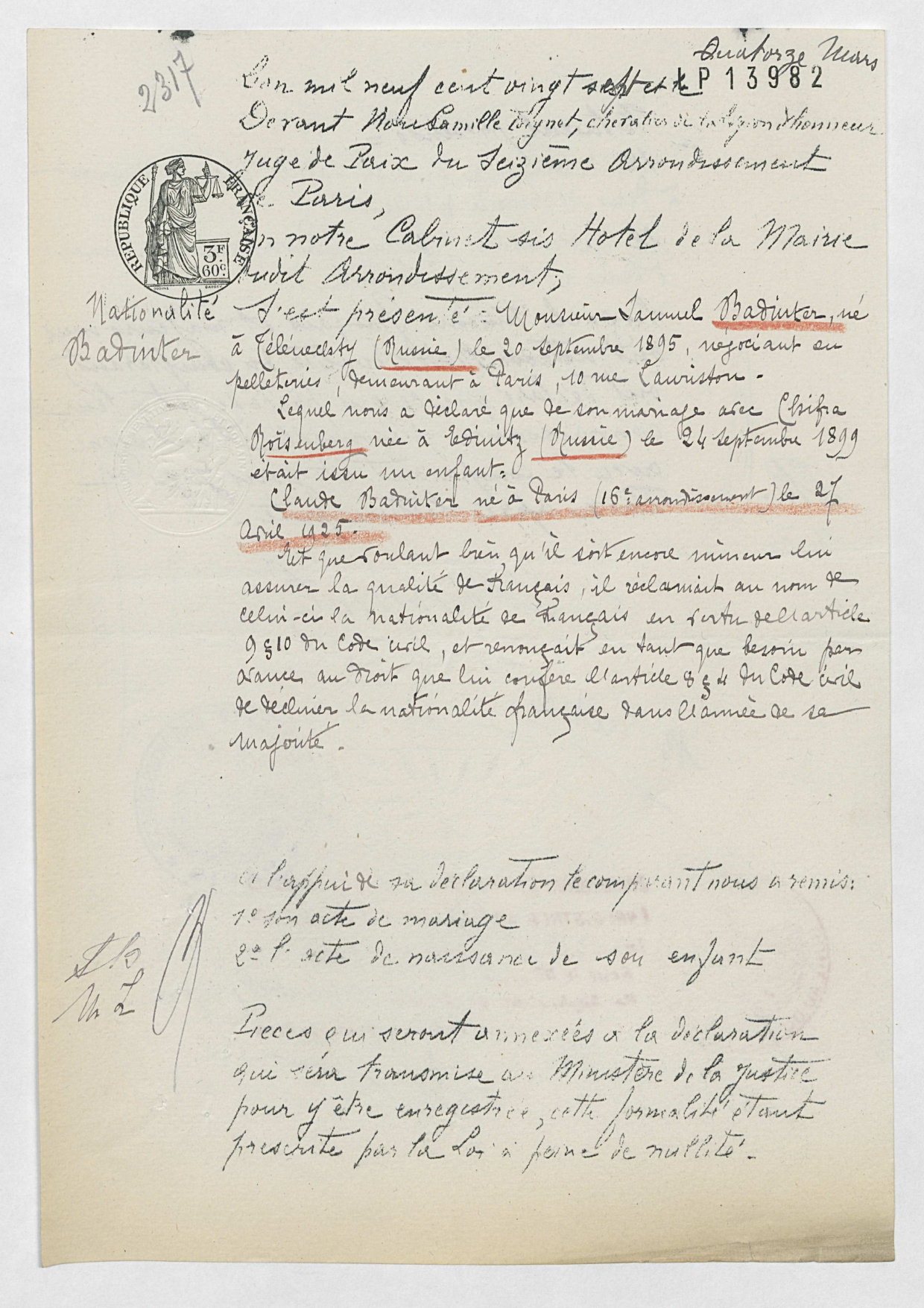 Extraits du dossier de naturalisation de Claude Badinter, frère de Robert Badinter (1927), Archives nationales, BB/11/9961, dossier 11838 X 1927