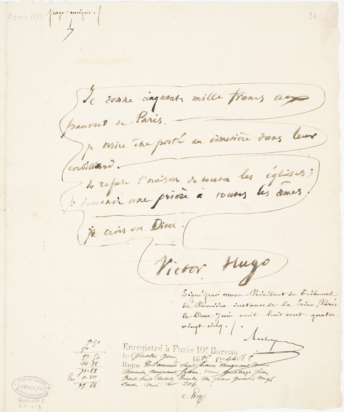 Testament olographe de Victor Hugo relatif à ses funérailles, sans date Archives nationales, MC/RS//586