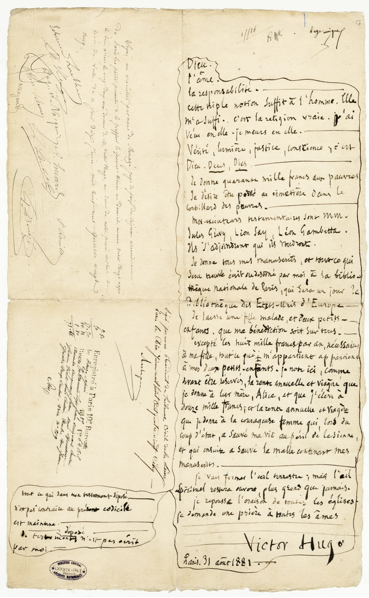 Testament de Victor Hugo, codicille du 31 août 1881 Archives nationales, MC/RS//586