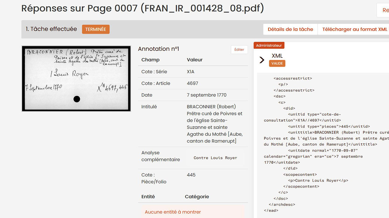 Visualisation dans Simara d’une transcription et de son encodage XML après validation.