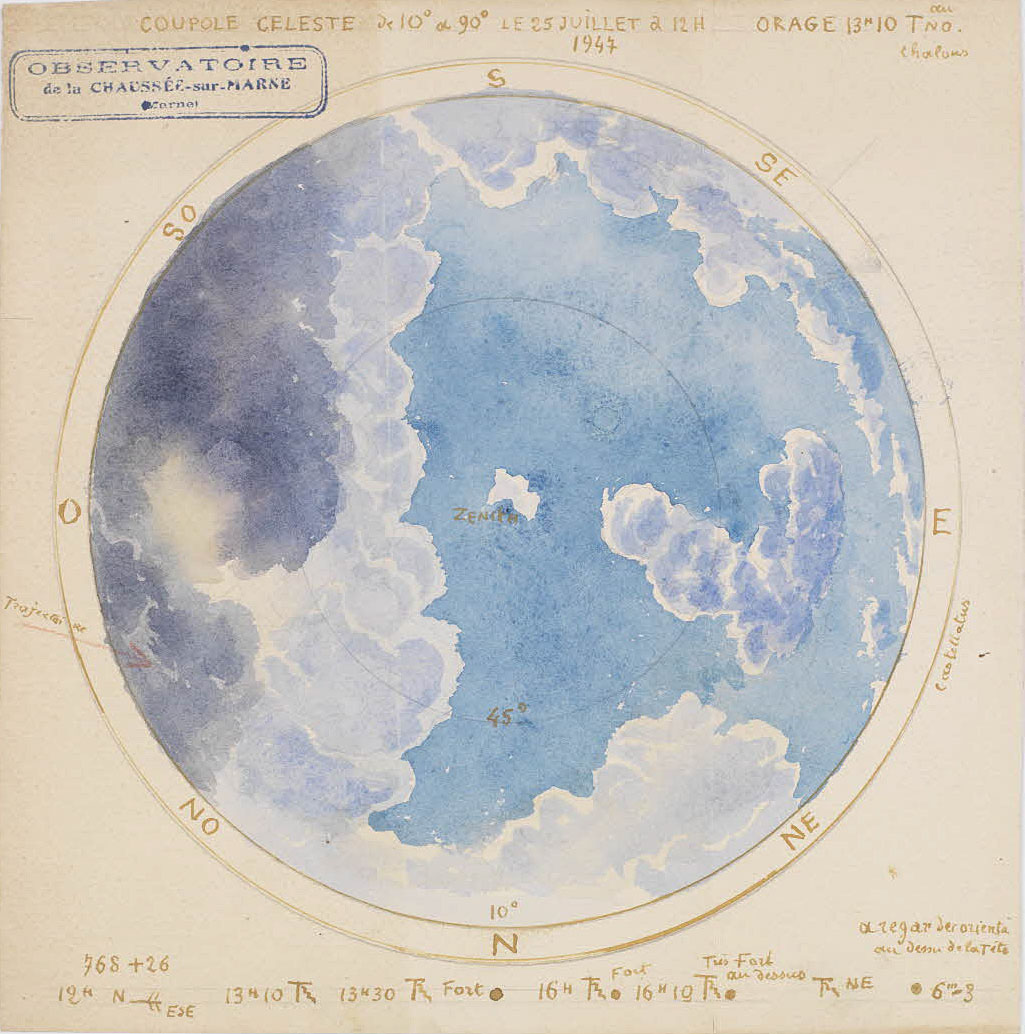 Météo-France, Coupole céleste du 25 juillet 1947, aquarelle sur papier par André Des Gachons, effectuée à l’observatoire de la Chaussée-sur-Marne (Marne). Cote 20130115/115.Météo-France, Coupole céleste du 25 juillet 1947, aquarelle sur papier par André Des Gachons, effectuée à l’observatoire de la Chaussée-sur-Marne (Marne). Cote 20130115/115.