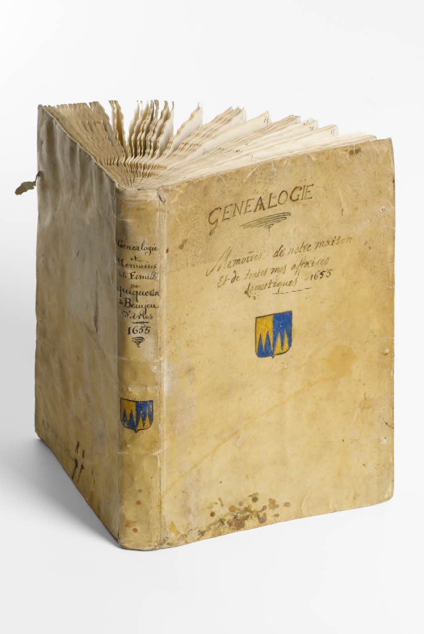 Famille de Quiqueran de Beaujeu : livre de raison de la famille de Quiqueran de Beaujeu à Arles, AB/XIX/3297/c © Archives nationales Photo d'un livre ancien de généalogie ouvert debout. La couvertue est jauni et porte un titre et des armoiries jaunes et bleues.