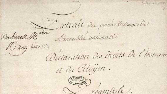 Déclaration des Droits de l'homme et du citoyen, minute originale, 1789, détail. Déclaration des Droits de l'homme et du citoyen, minute originale, 1789, détail.