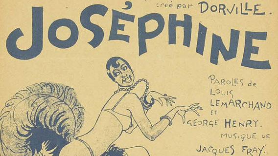 Dessin au trait bleu montrant Joséphine Baker en tenue de spectacle, en train de danser. Les noms des auteurs du spectacle sont indiqués à droite d l'affiche.