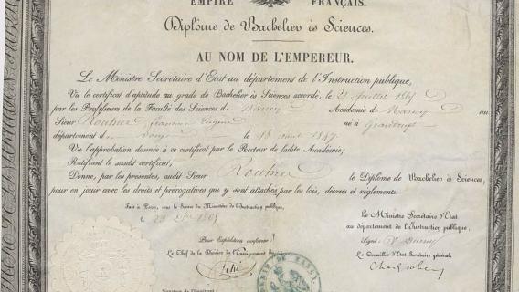 Diplôme du baccalauréat ès sciences de Rouhier (1865) Archives nationales, cote 61AJ/NC Diplôme en noir et blanc du baccalauréat ès sciences de Rouhier (1865)