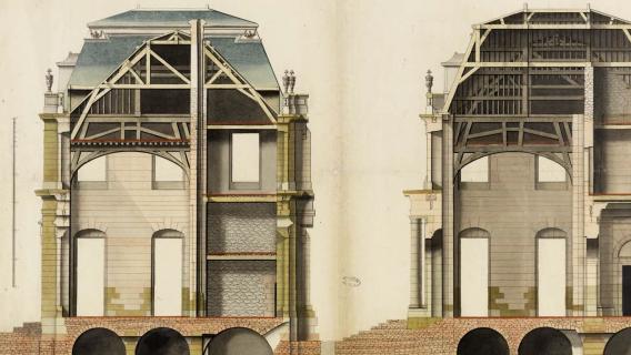 Coupes sur la largeur de l'aile sud du château de Clagny (fin du XVIIIe siècle) Archives nationales, cote O/1/1708/41 Plan aquarellé en couleur du château de Clagny datant de la fin du XVIIIe siècle : coupe sur la largeur de l'aile sud