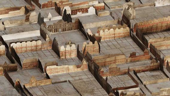 Vue du plan en relief qui montre les façades des immeubles anciens de la vieille ville et les rues d'autrefois de Charleville. Les couleurs sont dans les bruns, beige et orangé. Vue du plan en relief qui montre les façades des immeubles anciens de la vieille ville et les rues d'autrefois de Charleville. Les couleurs sont dans les bruns, beige et orangé.