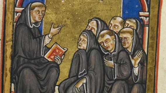 Miniature représentant un moine anglo-saxon du moyen âge, le saint Cuthbert, assis sur une estrade. Il a dans sa main un livre à la couverture rouge, certainement un bible, et il se tientdevant un groupe de 6 autres moines à qui il enseigne. Les moines et leur professeur portent une toge foncée. Les couleurs qui les entourent sont vives, avec du bleu, du rouge et du doré. Crédit : Hypothèses. Miniature représentant un moine anglo-saxon du moyen âge, le saint Cuthbert, assis sur une estrade. Il a dans sa main un livre à la couverture rouge, certainement un bible, et il se tientdevant un groupe de 6 autres moines à qui il enseigne. Les moines et leur professeur portent une toge foncée. Les couleurs qui les entourent sont vives, avec du bleu, du rouge et du doré. Crédit : Hypothèses.