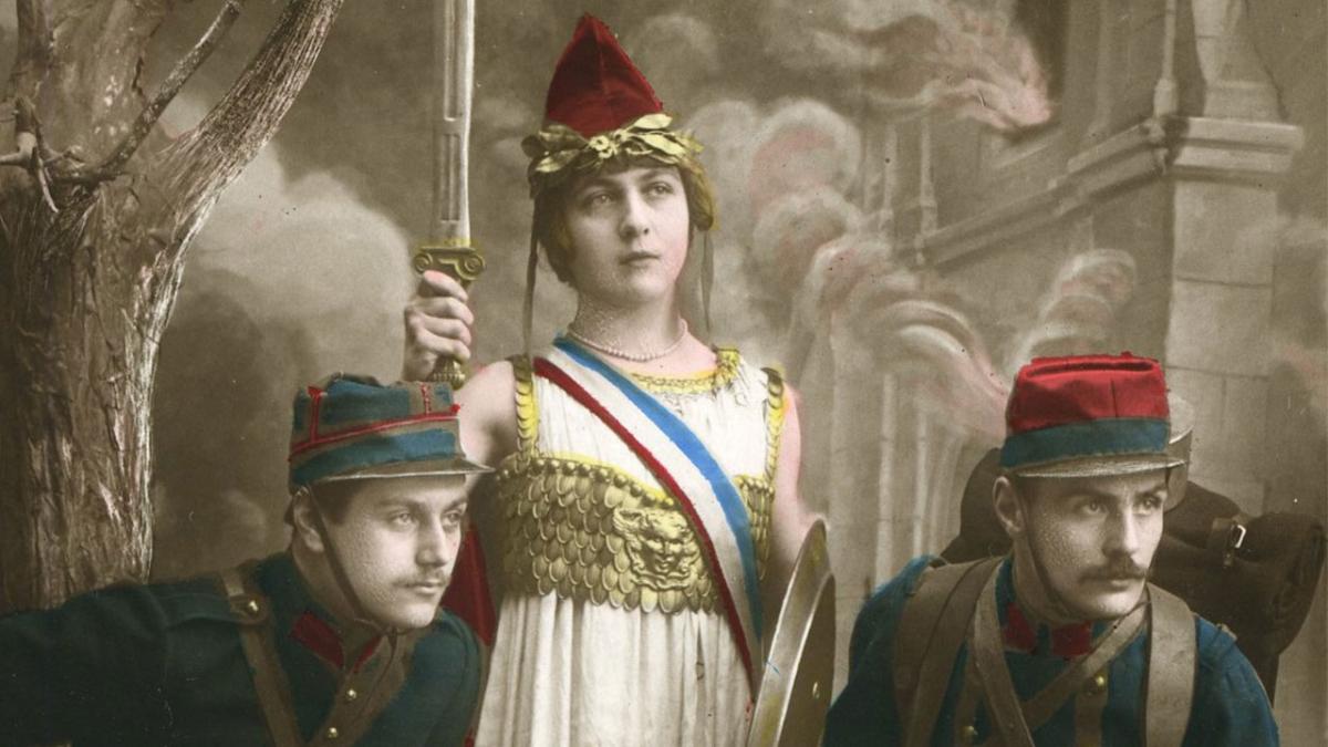 Carte postale patriotique colorisée, M. Boulanger, Éditeur Gloria, 1914-1915, détail.
