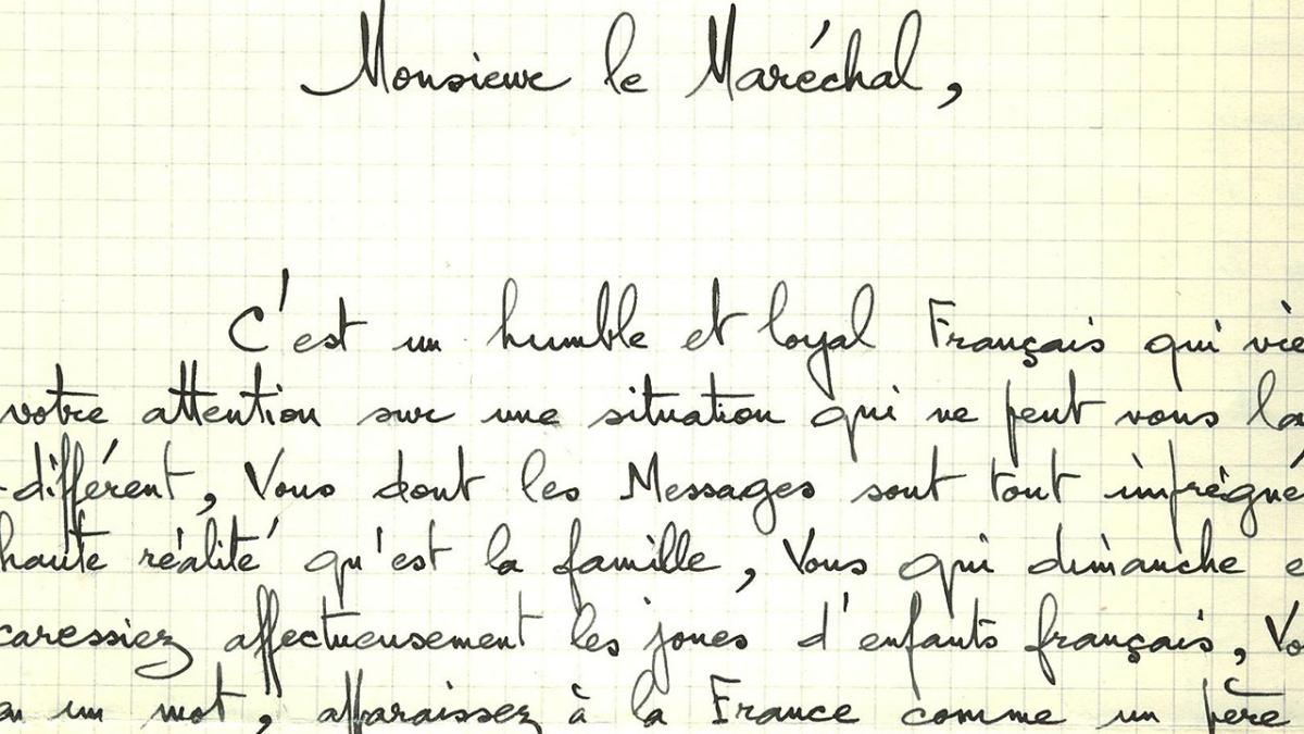 Lettre adressée au maréchal Pétain, mars, 1944, détail.