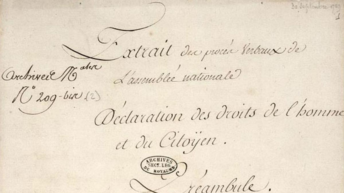 Déclaration des Droits de l'homme et du citoyen, minute originale, 1789, détail.
