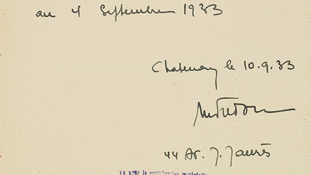Attestation de domicile de Missak Manouchian signée par Fredou, septembre 1933. Archives nationales, 19770884/298 dossier 39746 X 34
