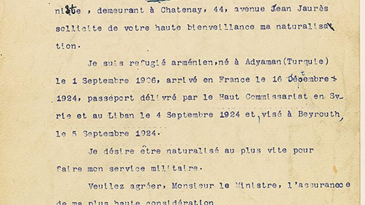 Demande de naturalisation de Missak Manouchian, août 1933. Archives nationales, 19770884/298 dossier 39746 X 34