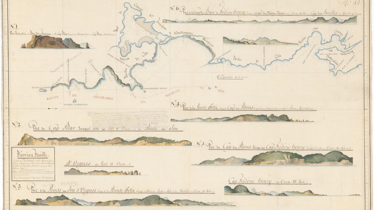 Tracé en couleurs bleu, marron et vert de la côté de la baie de Frederik Henry, en Tasmanie, et de son relief.