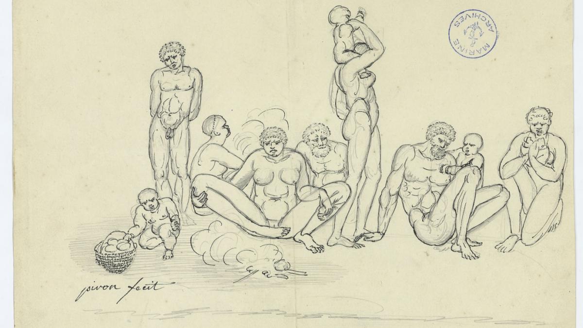 Hubert Piron dessine la population autochtone dans son quotidien. Ici, un dessin à la mine de plomb et encre de Chine représentant des Aborigènes de Tasmanie au cours de leur repas.