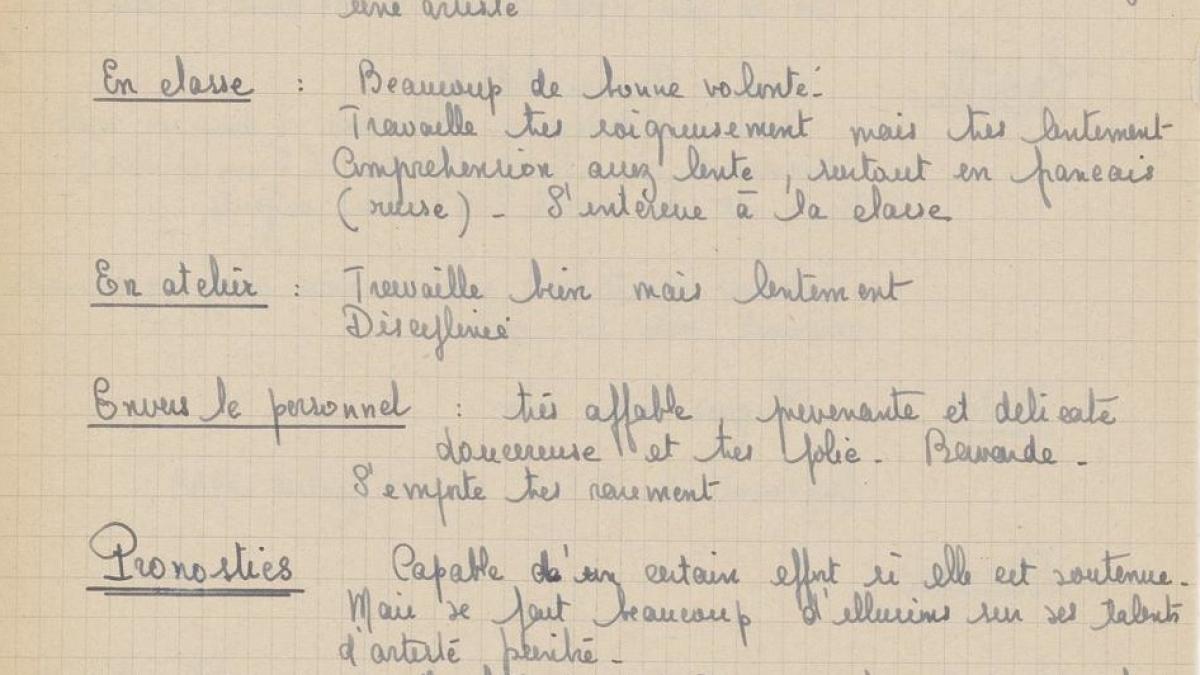 Rapports d'inspection de l'IPES de Cadillac. Fiche de l'élève Anna Volkoff, 20010095/2