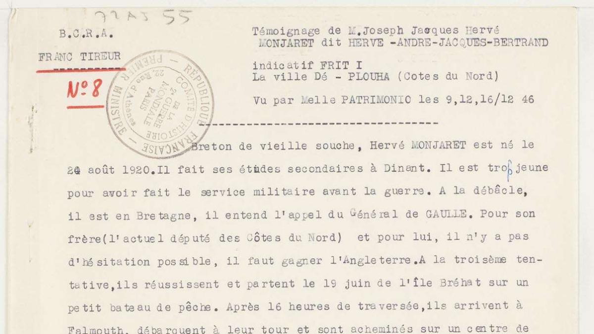 Témoignage de Joseph Monjaret sur son engagement au service de la France Libre, 1946 Archives nationales, 72AJ/55 Témoignage de Joseph Monjaret sur son engagement au service de la France Libre, 1946 Archives nationales, 72AJ/55