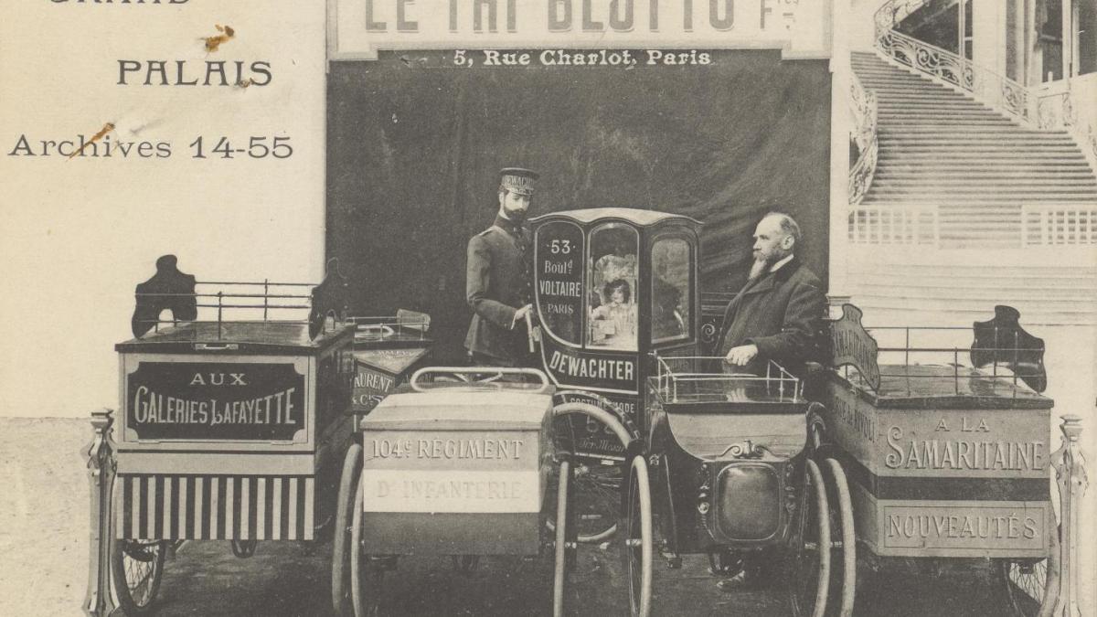 Carte publicitaire jointe à la lettre des frères Blotto, constructeurs de véhicules au ministre du Travail, en date du 7 août 1914 proposant aux industriels de Paris leurs triporteurs pour le transport des marchandises dans Paris, devant l’absence de moyens de transport.  © Archives nationales de France,  F/22/542