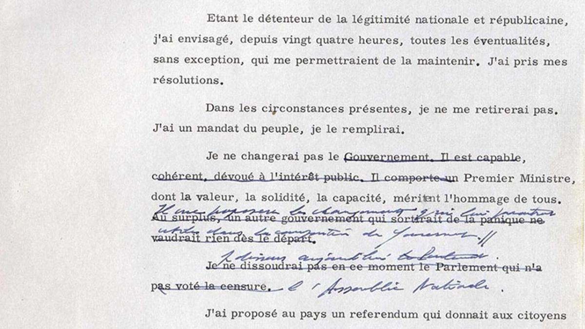 Discours dactylographié et annoté de la main de Charles de Gaullle.