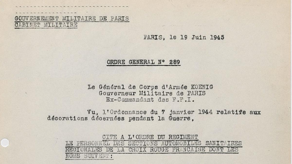 Citation à l'ordre du régiment et attribution de la Croix de guerre avec étoile de bronze par le Général Koenig au nom de Jacqueline Heiniger pour son engagement dans la bataille de Normandie, 19 juin 1945, Citation à l'ordre du régiment et attribution de la Croix de guerre avec étoile de bronze par le Général Koenig au nom de Jacqueline Heiniger pour son engagement dans la bataille de Normandie, 19 juin 1945,