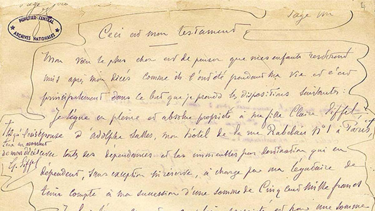 Extrait testament Eiffel Sur papier jauni, testament manuscrit à l'encre bleue.