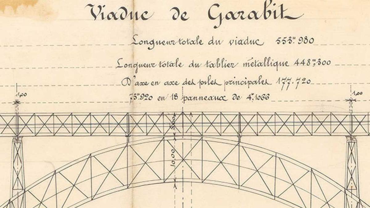 Viaduc de Garabit (Cantal). Élévation. Dressé par M. Boyer, de concert avec G. Eiffel, le 3 février 1880. Partie du plan du viaduc avec des tracés à l'encre noire et l'indication des dimensions.