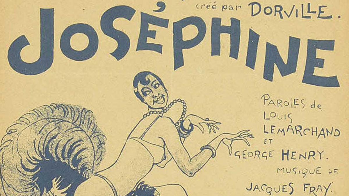 Dessin au trait bleu montrant Joséphine Baker en tenue de spectacle, en train de danser. Les noms des auteurs du spectacle sont indiqués à droite d l'affiche.