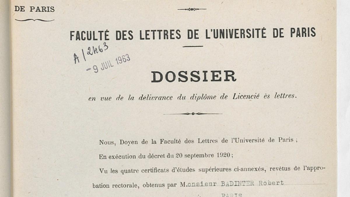 Procès-verbal individuel de licence de lettres de Robert Badinter, de la faculté des lettres de Paris, 1947. Archives nationales, 19910563/1215