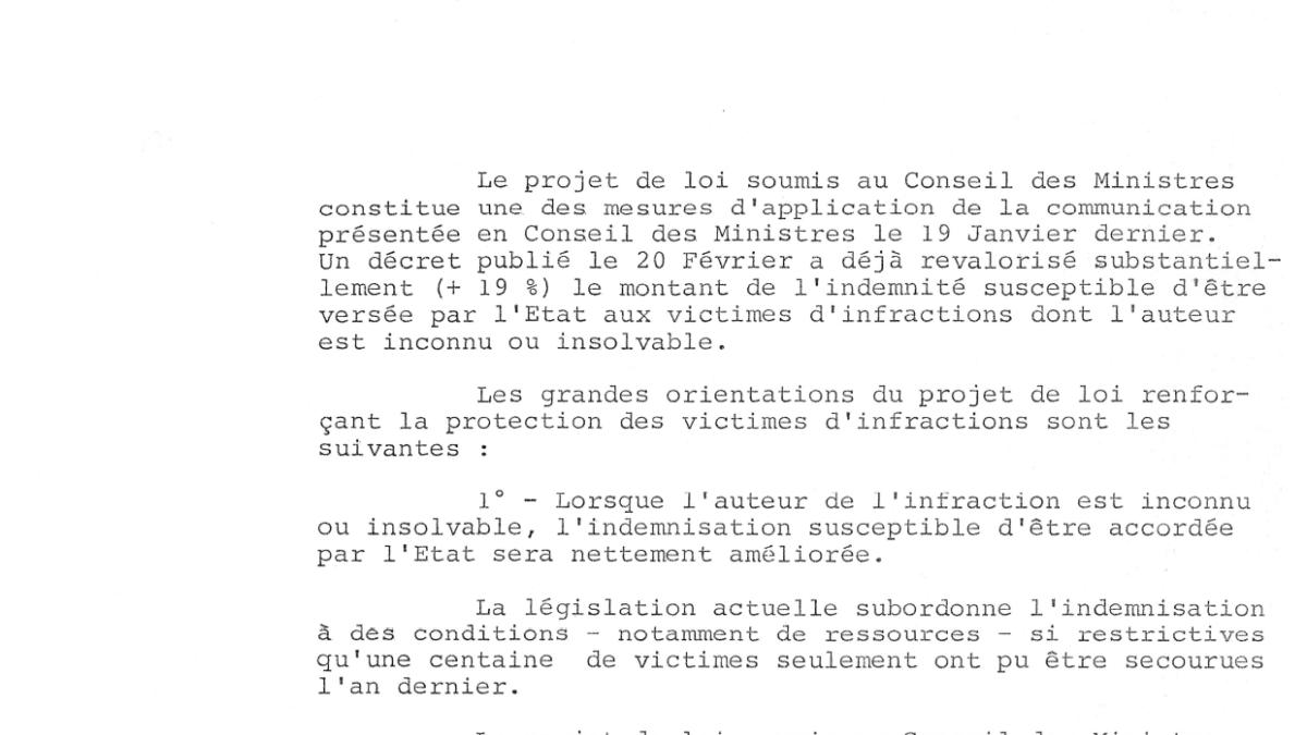 Exposé des motifs du projet de loi renforçant la protection des victimes d’infractions, 29 mars 1983. Archives nationales, 20000214/3.