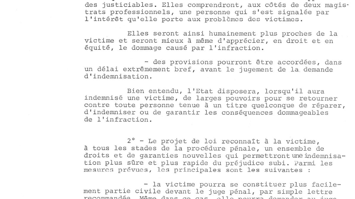 Exposé des motifs du projet de loi renforçant la protection des victimes d’infractions, 29 mars 1983. Archives nationales, 20000214/3.