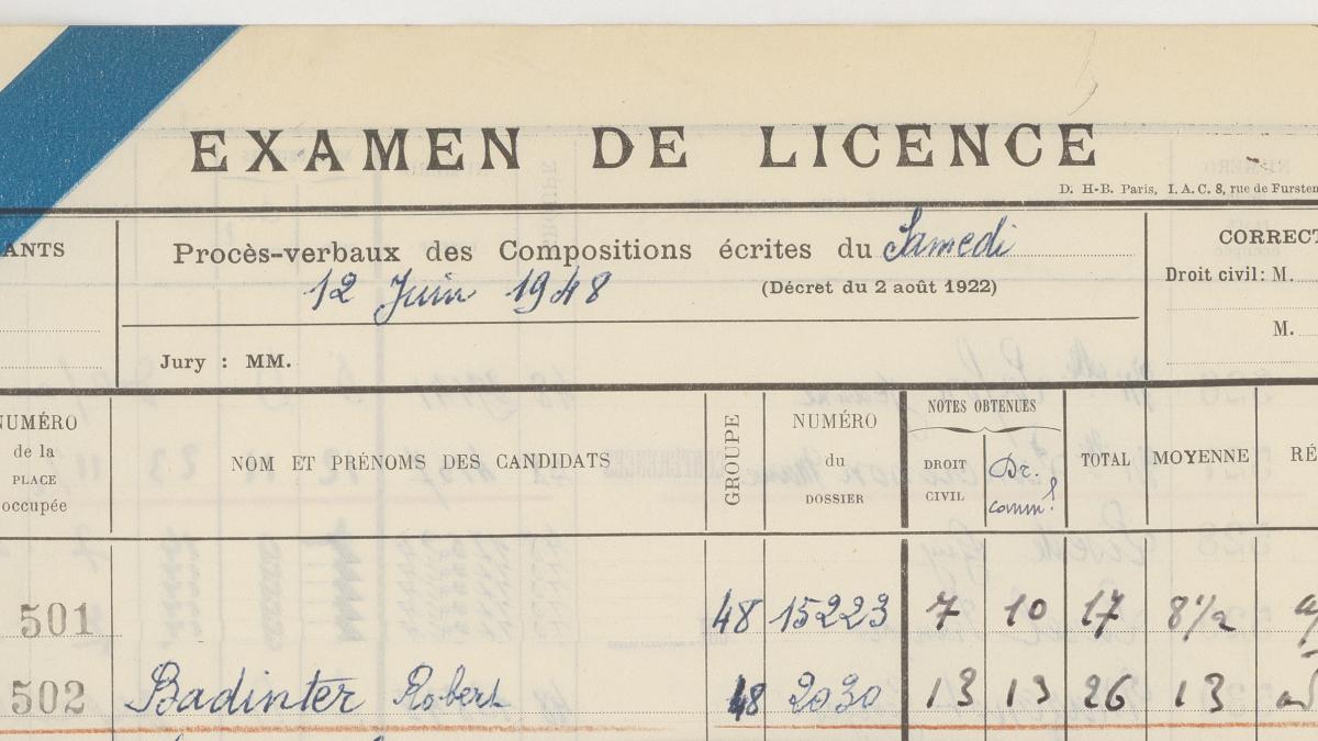 Procès-verbaux de présentation aux examens de licence de droit de Robert Badinter, de la faculté de droit de Paris (épreuves écrites et orales), 1948. Archives nationales, 200100351/21.