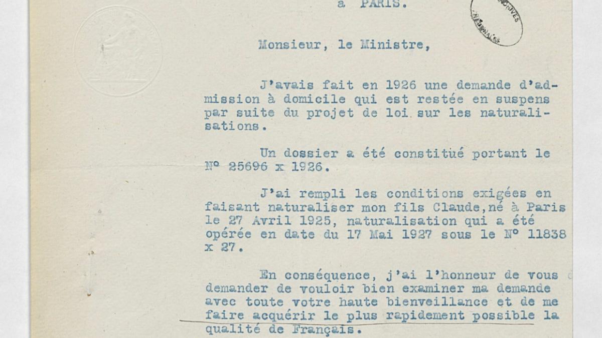 Extraits du dossier de naturalisation de Samuel et Chifra Badinter, parents de Robert Badinter (1926-1927), Archives nationales, BB/11/9652, dossier 25696 X 1926
