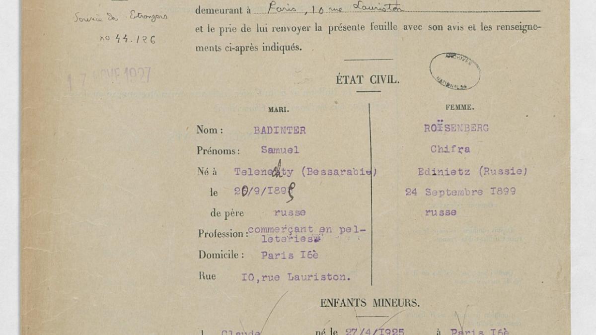 Extraits du dossier de naturalisation de Samuel et Chifra Badinter, parents de Robert Badinter (1926-1927), Archives nationales, BB/11/9652, dossier 25696 X 1926