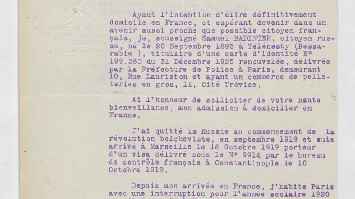 Extraits du dossier de naturalisation de Samuel et Chifra Badinter, parents de Robert Badinter (1926-1927), Archives nationales, BB/11/9652, dossier 25696 X 1926