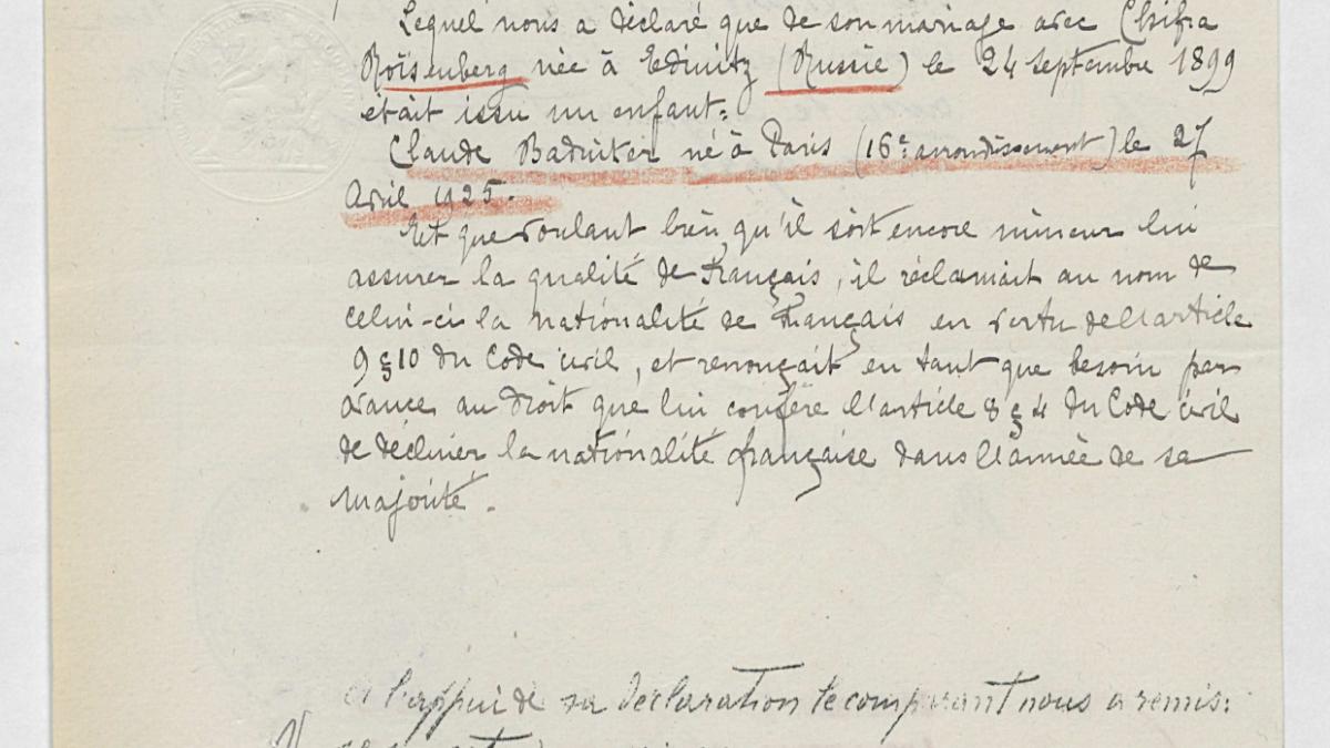Extraits du dossier de naturalisation de Claude Badinter, frère de Robert Badinter (1927), Archives nationales, BB/11/9961, dossier 11838 X 1927