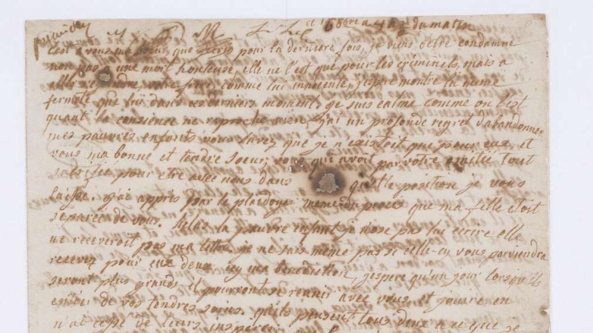La dernière lettre de Marie-Antoinette à Madame Élisabeth, rédigée à la prison de la Conciergerie. 16 octobre 1793. © Archives Nationales de France, AE/I/8/1