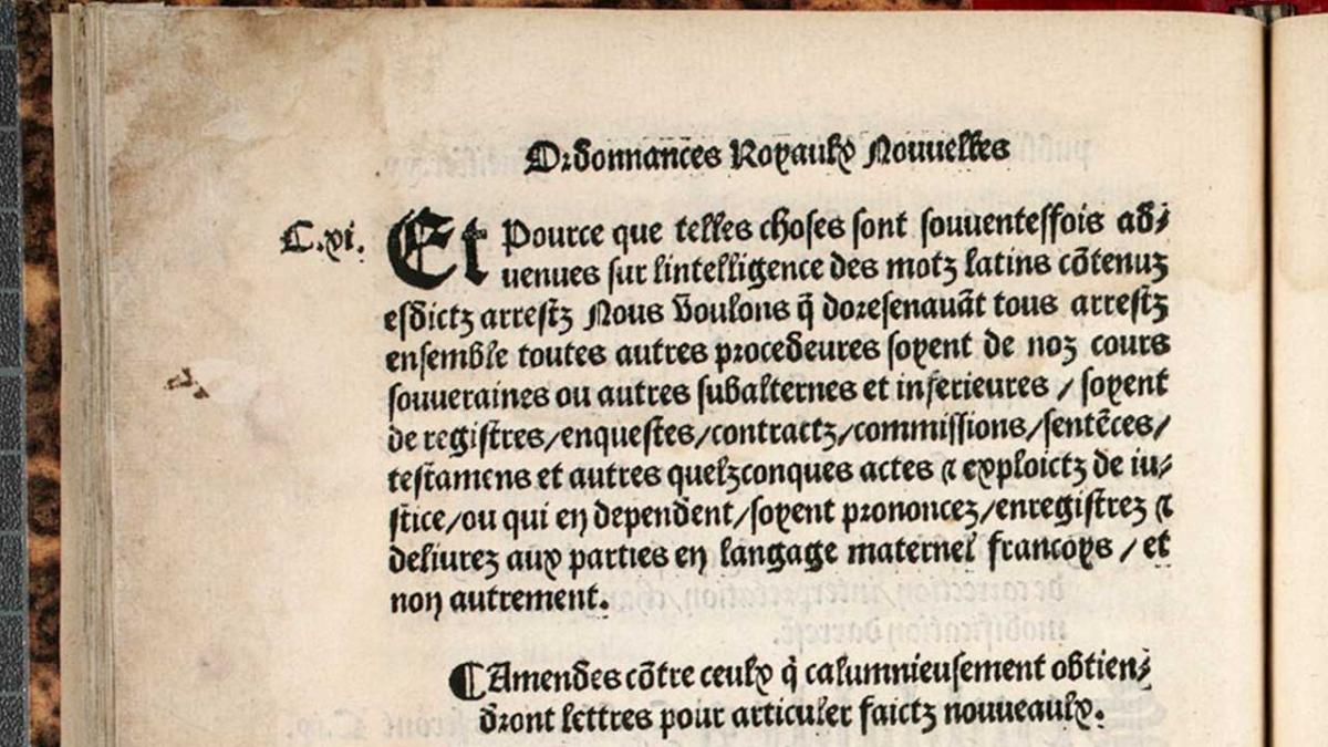 Publication de l’ordonnance de Villers-Cotterêts Page d'un ouvrage très ancien, jaunie et avec une typograhie en noir.