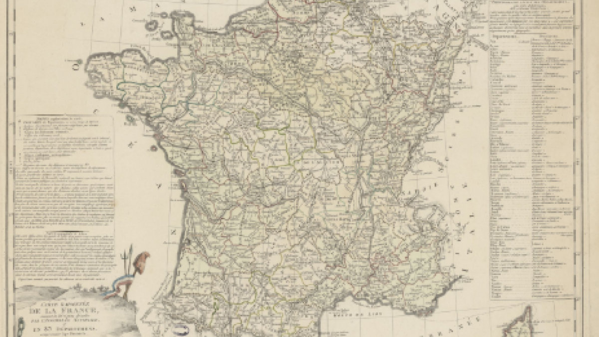 Carte raisonnée de la France, suivant la division décrétée par l’Assemblée nationale, en 83 départements… ». Par Louis Brion, ingénieur-géographe du roi (1790). Carte de France ancienne, avec les contours en noir et tracés des rivières, fleuves, départements. Sur les côtés, des légendes.