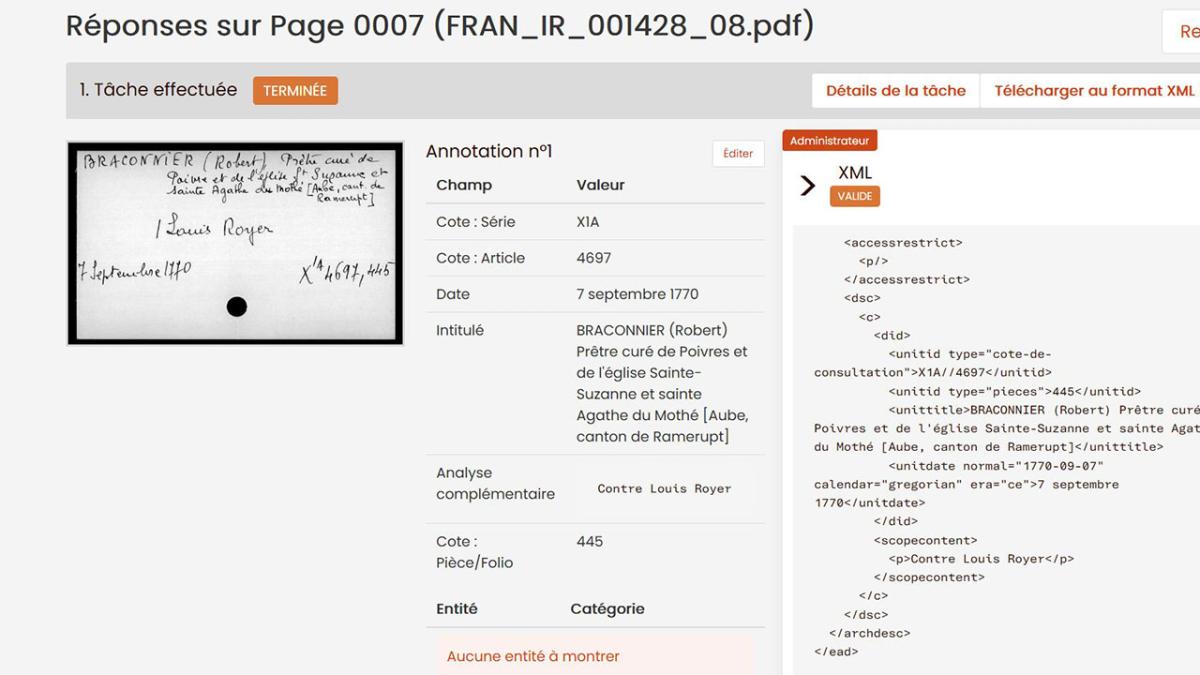 Visualisation dans Simara d’une transcription et de son encodage XML après validation.
